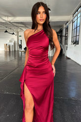 Elianna One Shoulder Satin Maxi Dress - Burgundy